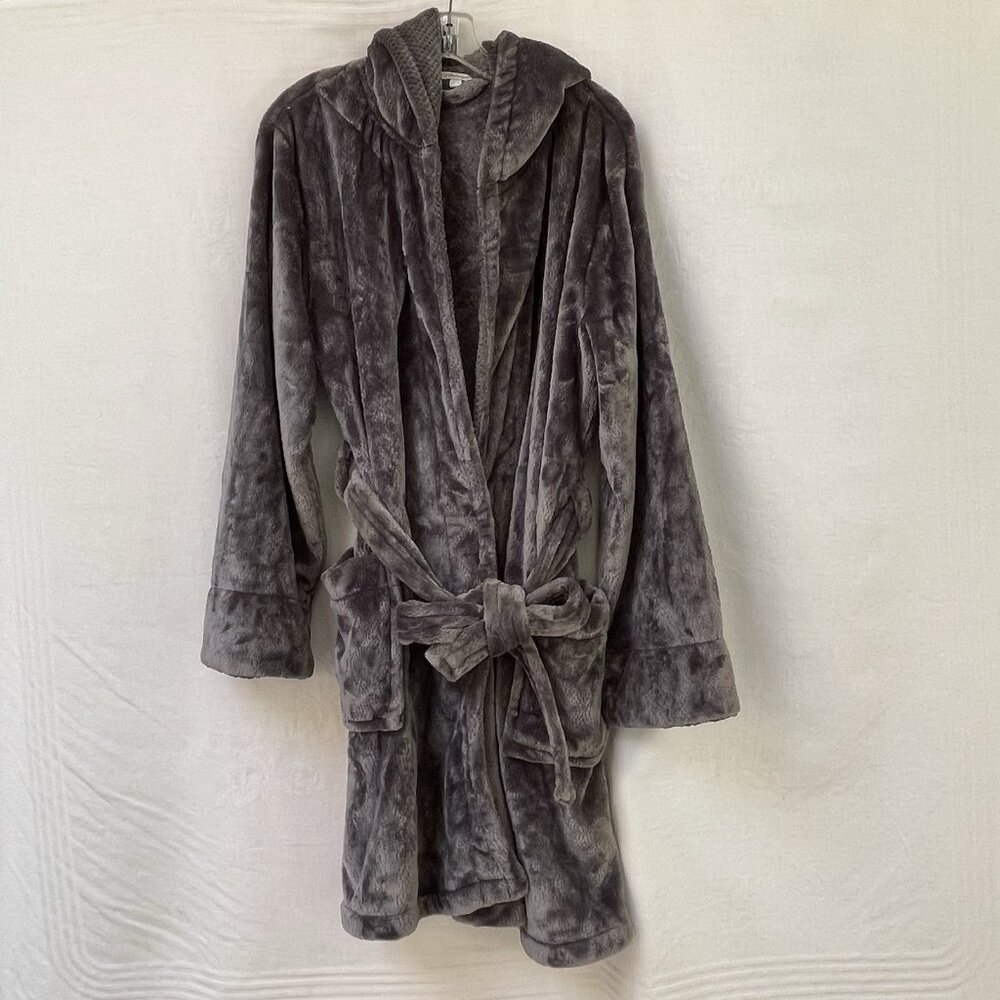 PJ Salvage Robe Plush‎ Gray Womens Large Hooded Belted Bathrobe Pockets Teddy